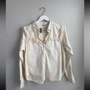 Free People Ivory Dolly Button Down Shirt with Ruffle Accents